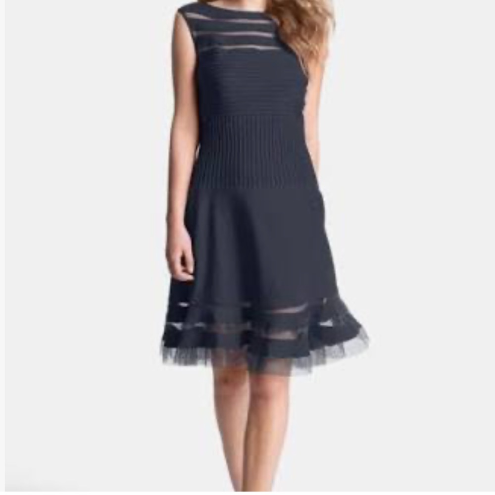 Tadashi Shoji Navy Mesh Stripe Fit Flare Stretch Dress W25